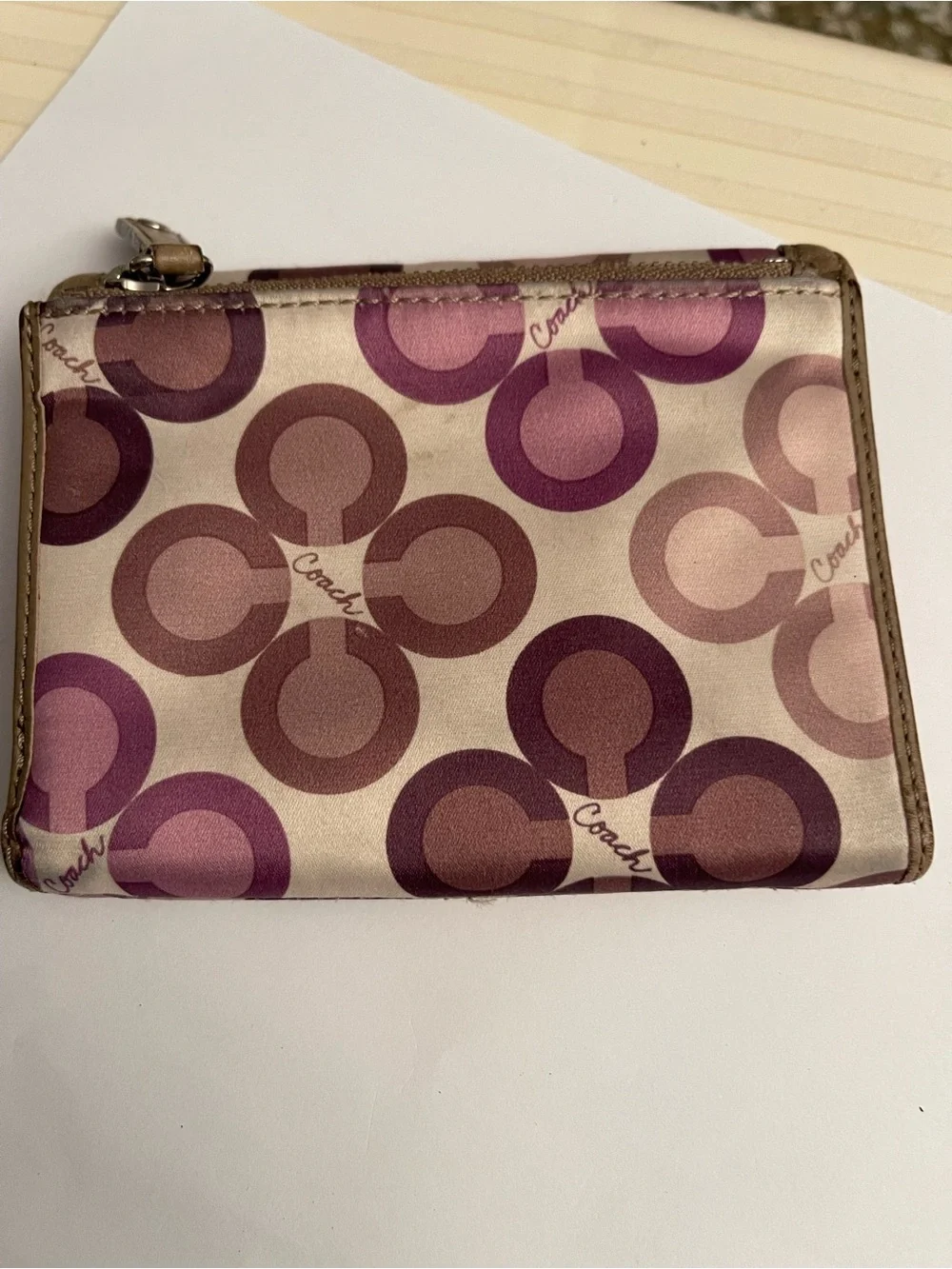 Coach Pink and Taupe Circle Print Trifold Wallet with Logo Charm
